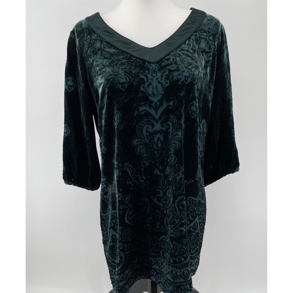 Velvet Burnout Tunic Top Womens Small Green Silk Blend Boho Forest Dark Fairy